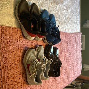 Four pair of shoes size 9.  Two Nike, one ASICS, one bass.